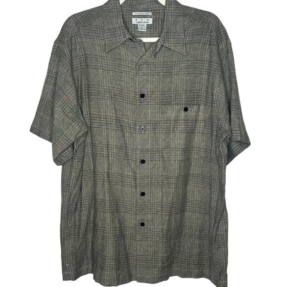 Ron Chereskin Mens Plaid Short Sleeve Button-Up Shirt L Linen Blend Gray - Picture 1 of 5